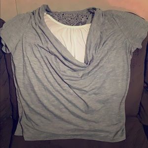 Layered shirt with cowled neck and lace overlay